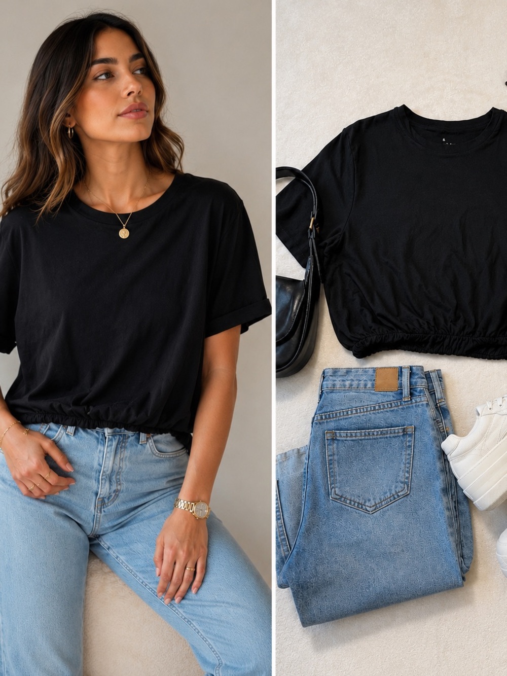 Classic Black Elastic-Hem Tee - Women